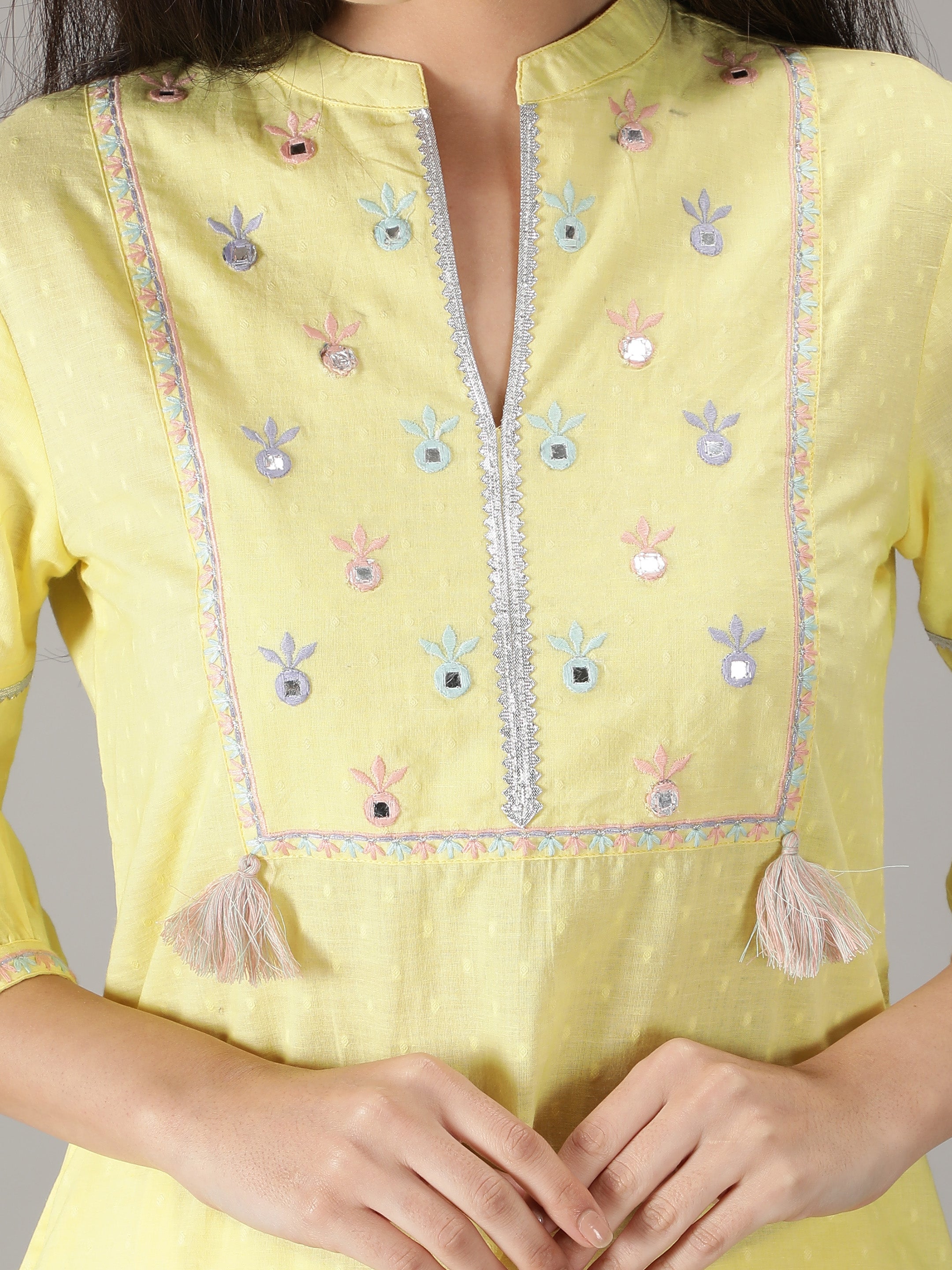 Yellow Cotton Embroidered Straight Kurta With Pant